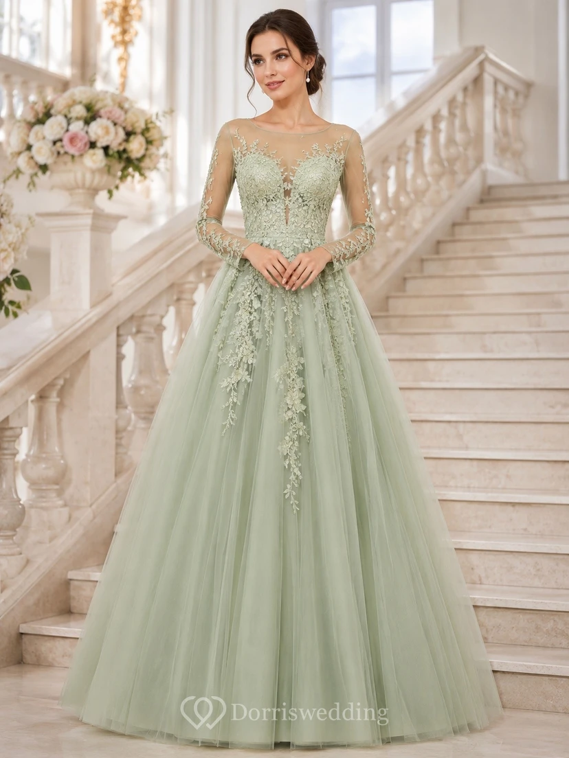 Vestido de noche largo hasta el suelo, sin mangas, de encaje y tul, estilo romántico y romántico, color verde salvia.