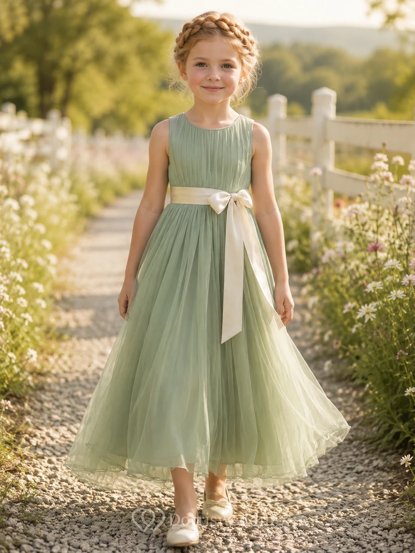 Flower Girl Dress Sage Tulle A-Line Jewel Neck Tea Length Bow Back