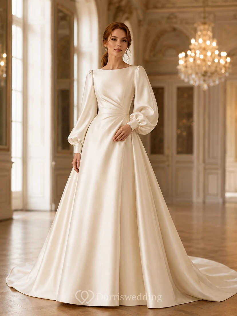 Robe de mariée en satin sobre, coupe trapèze, col bateau, manches longues, traîne courte