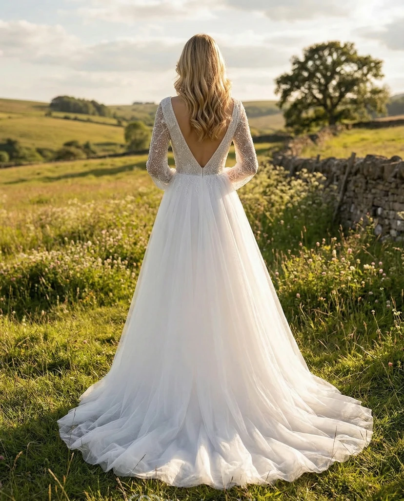 Long Sleeve Boho A-Line Wedding Dress with Deep V-Neck Lace Bodice view 2