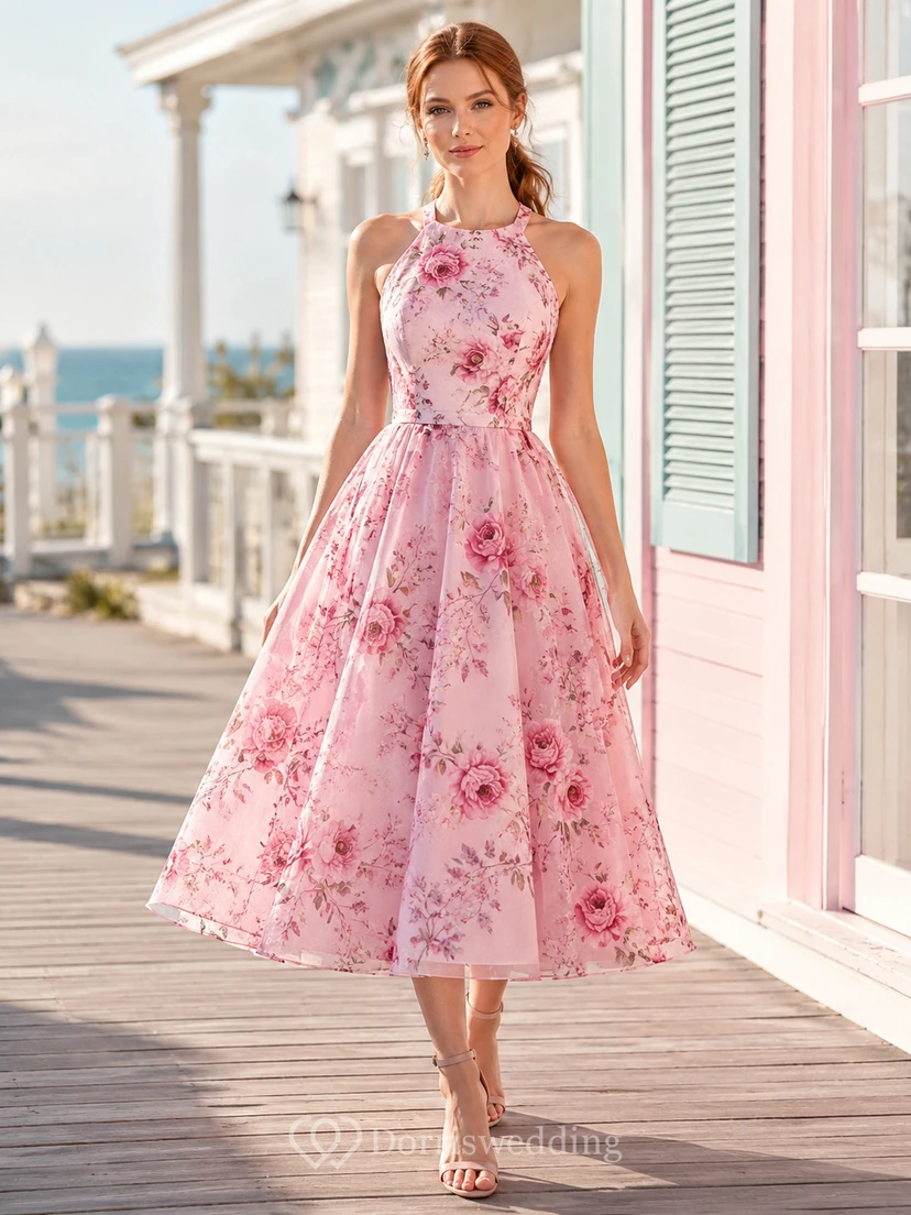 Pink Floral Halter Neck Tea Length Summer Dress