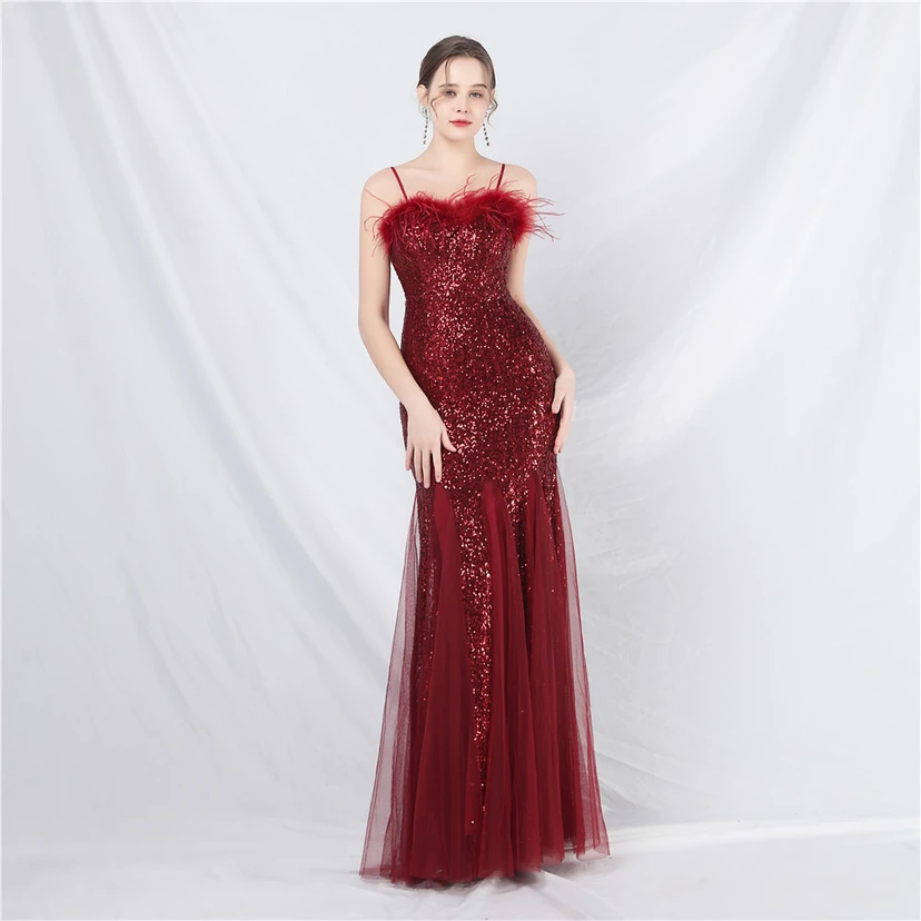 Craft Ostrich Feather Mesh Sequined Long Evening Dress view 20