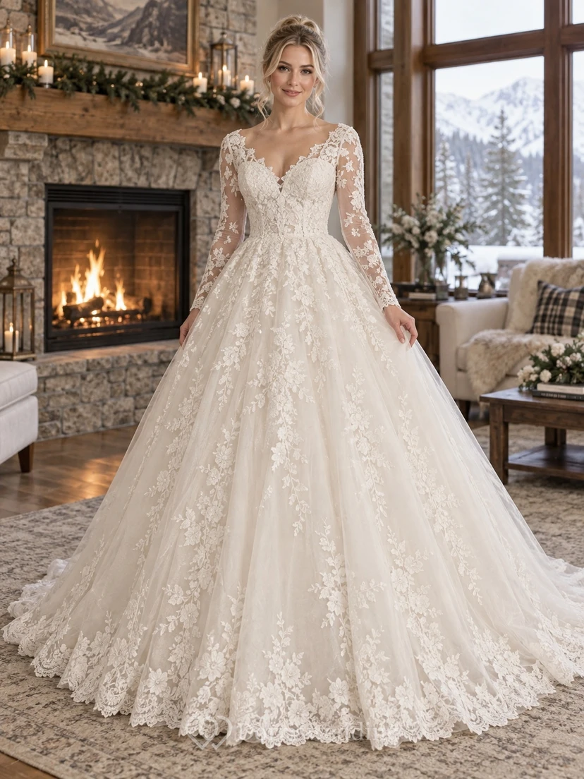 Vestido de novia de gala de encaje floral con escote en V festoneado y mangas largas