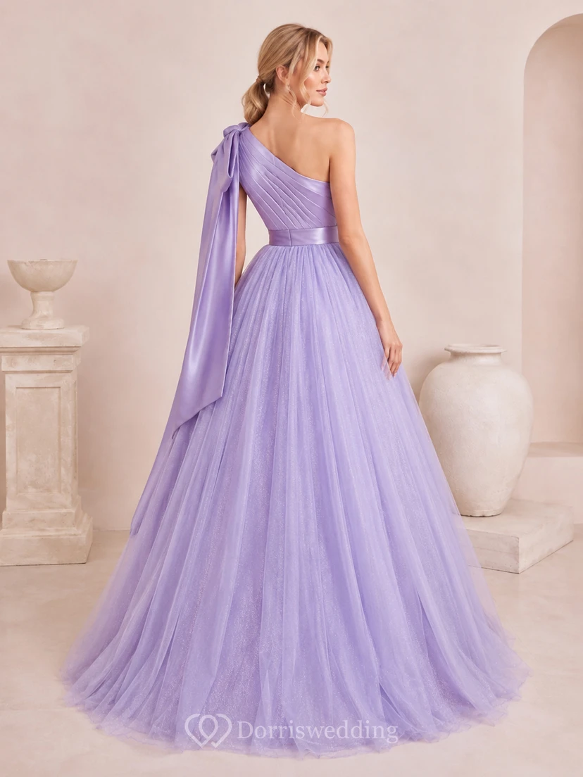 Oversized Shoulder Bow Lavender Ball Gown Floor-length One-Shoulder Sleeveless Tulle Luxury Modern Prom Quinceanera Celebrity Dress view 2