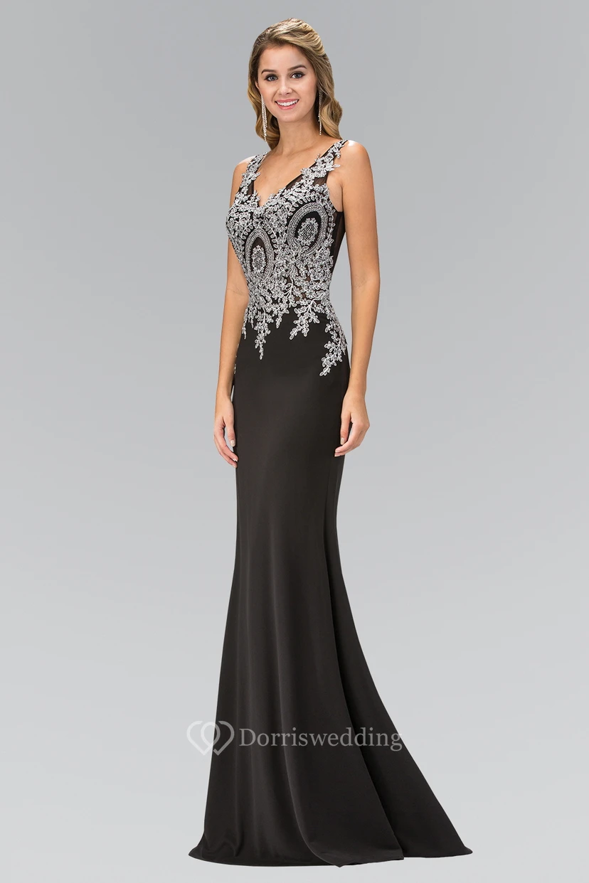 Sheath Long V-Neck Sleeveless Jersey Deep-V Back Dress With Appliques