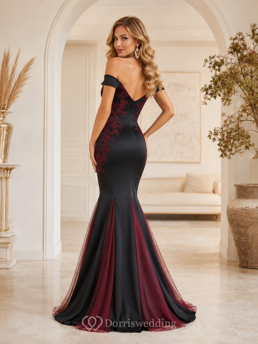 Vestido de noche largo hasta el suelo, estilo sirena, negro, sin mangas, con escote corazón, apliques de encaje satinado, abertura frontal, espalda en V profunda y cola. view 2
