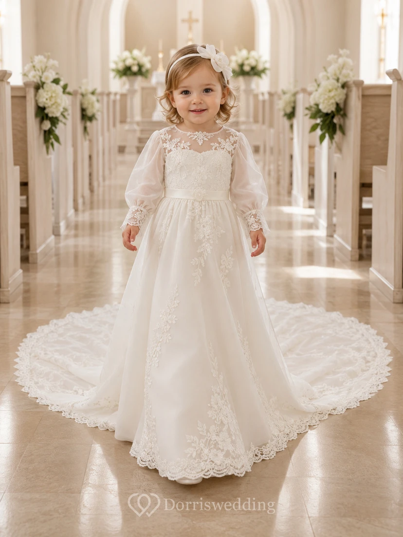 Vestido de lujo modesto para ceremonia de bautizo de bebé, corte A, largo hasta el suelo, cola catedral, cuello joya, manga larga, tul, encaje, lazo en la espalda, botones en la espalda.