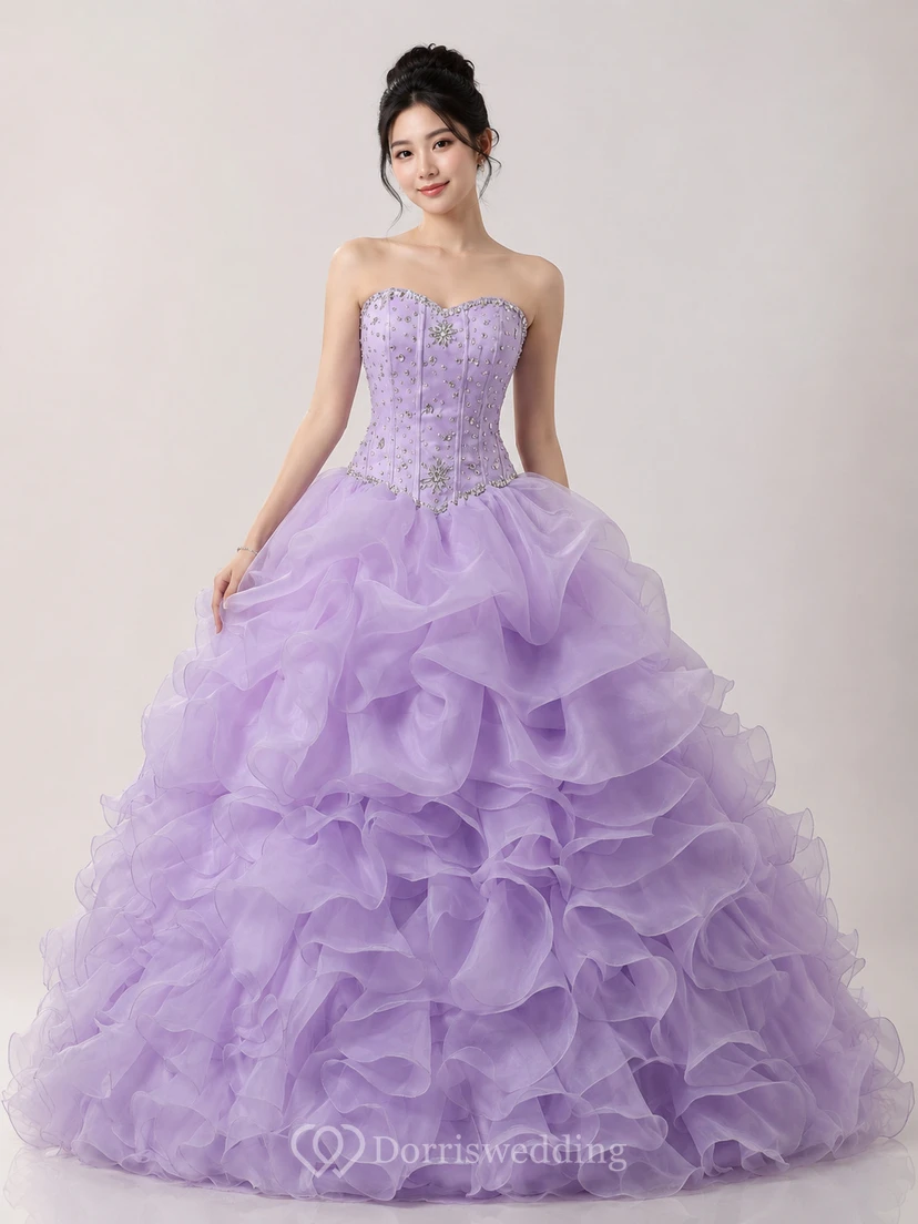 Vestido de gala largo hasta el suelo, escote corazón, sin mangas, volantes, lentejuelas y organza view 6