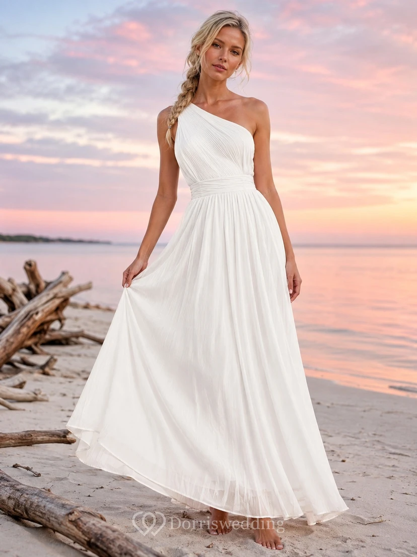 White Chiffon Pleated One-Shoulder Sleeveless A-Line Floor-Length Beach Dress