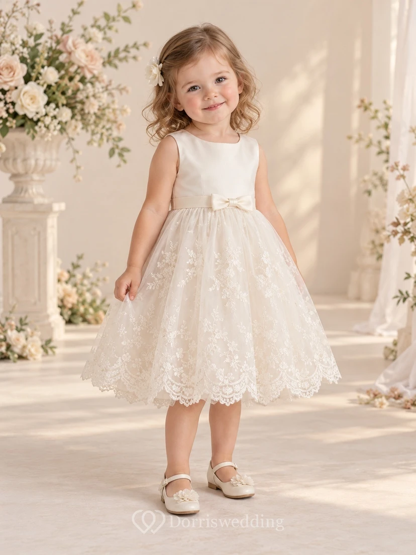 Teelanges, elfenbeinfarbenes, geblümtes Sommerkleid in A-Linie mit Spitze, ärmellos, mit Muschelsaum und Spitze
