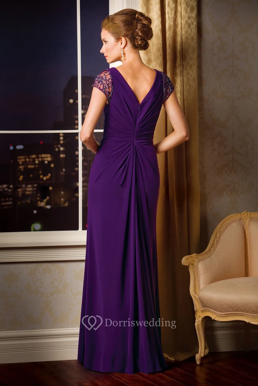Cap-Sleeved V-Neck Mother Of The Bride Dress With V-Back And Crystals view 2