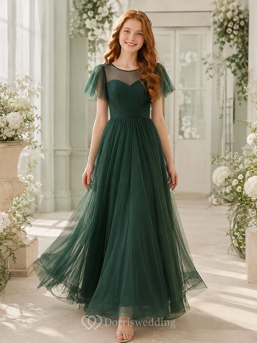 Vestido de dama de honor juvenil verde oscuro, corte en A, manga corta, tul, volantes, estilo romántico formal.