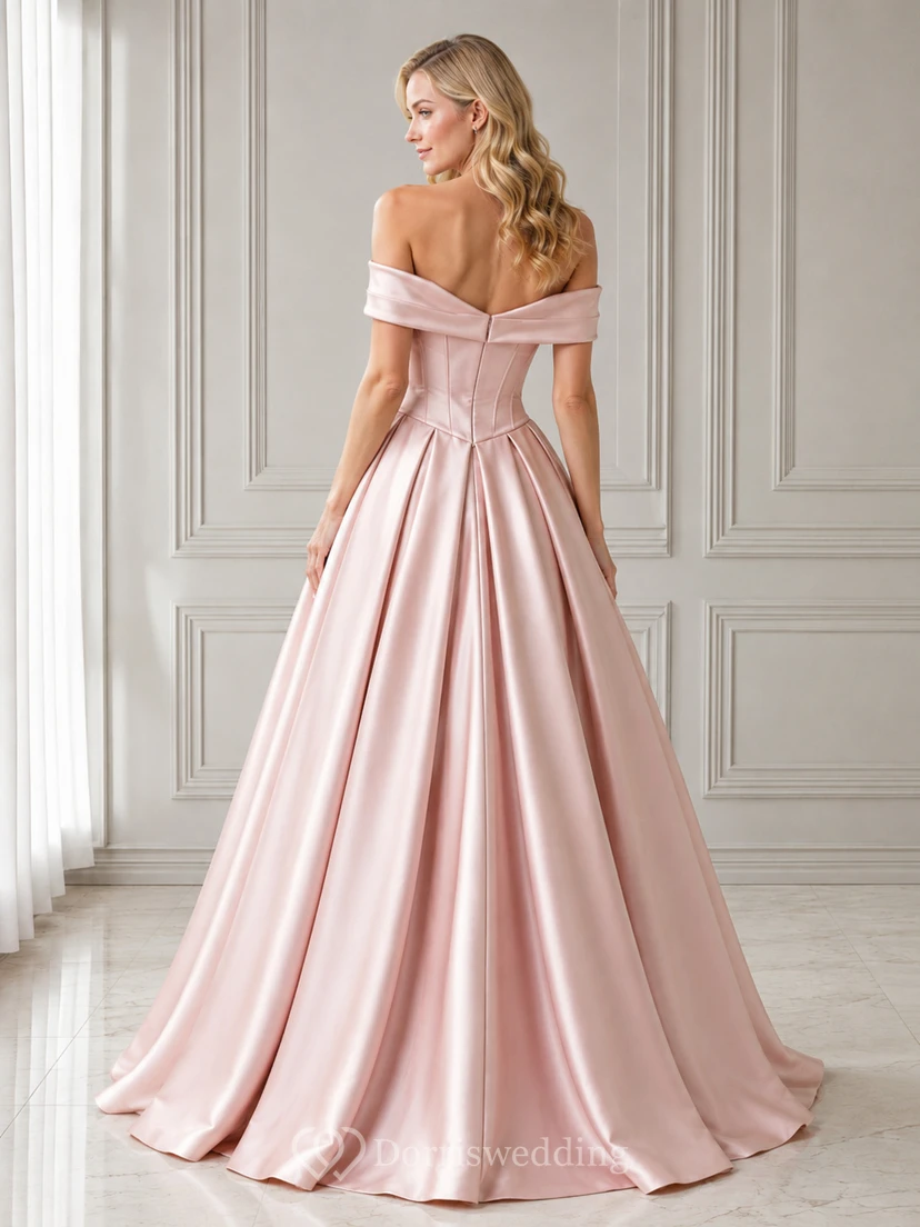 Rosafarbenes, schulterfreies Ballkleid aus Satin mit Herzausschnitt, formelles Abiballkleid, Empfangskleid view 2