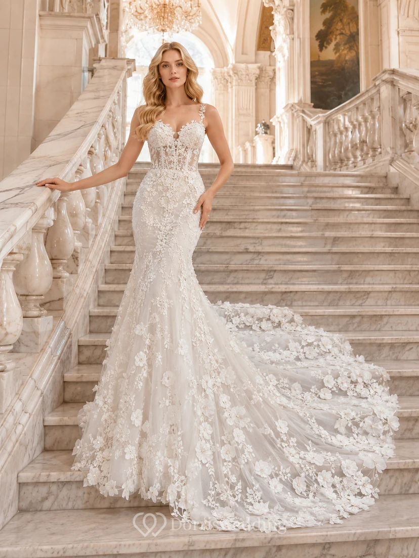 Vestido de novia de sirena con cola de encaje floral en cascada y gran escalera