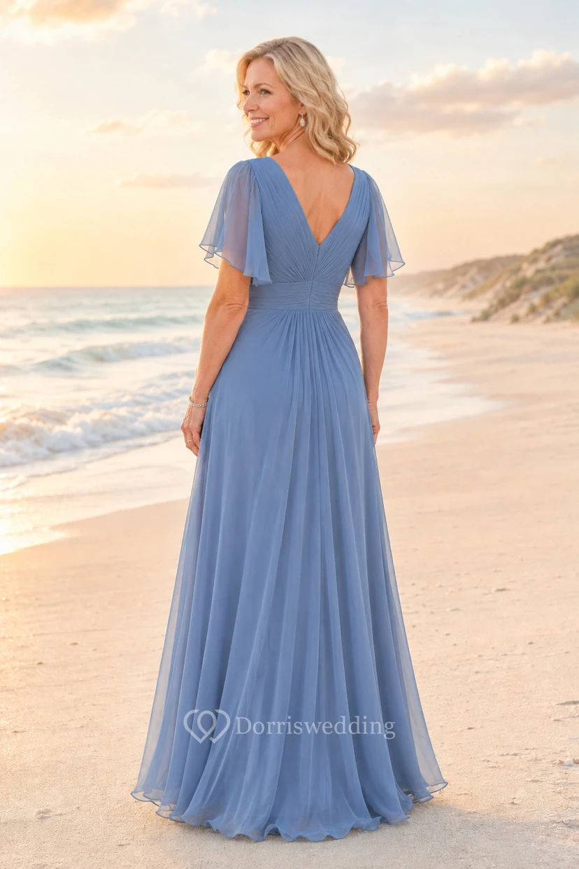 Stahlblaues Chiffon-Kleid in A-Linie mit V-Ausschnitt und Volantärmeln view 2