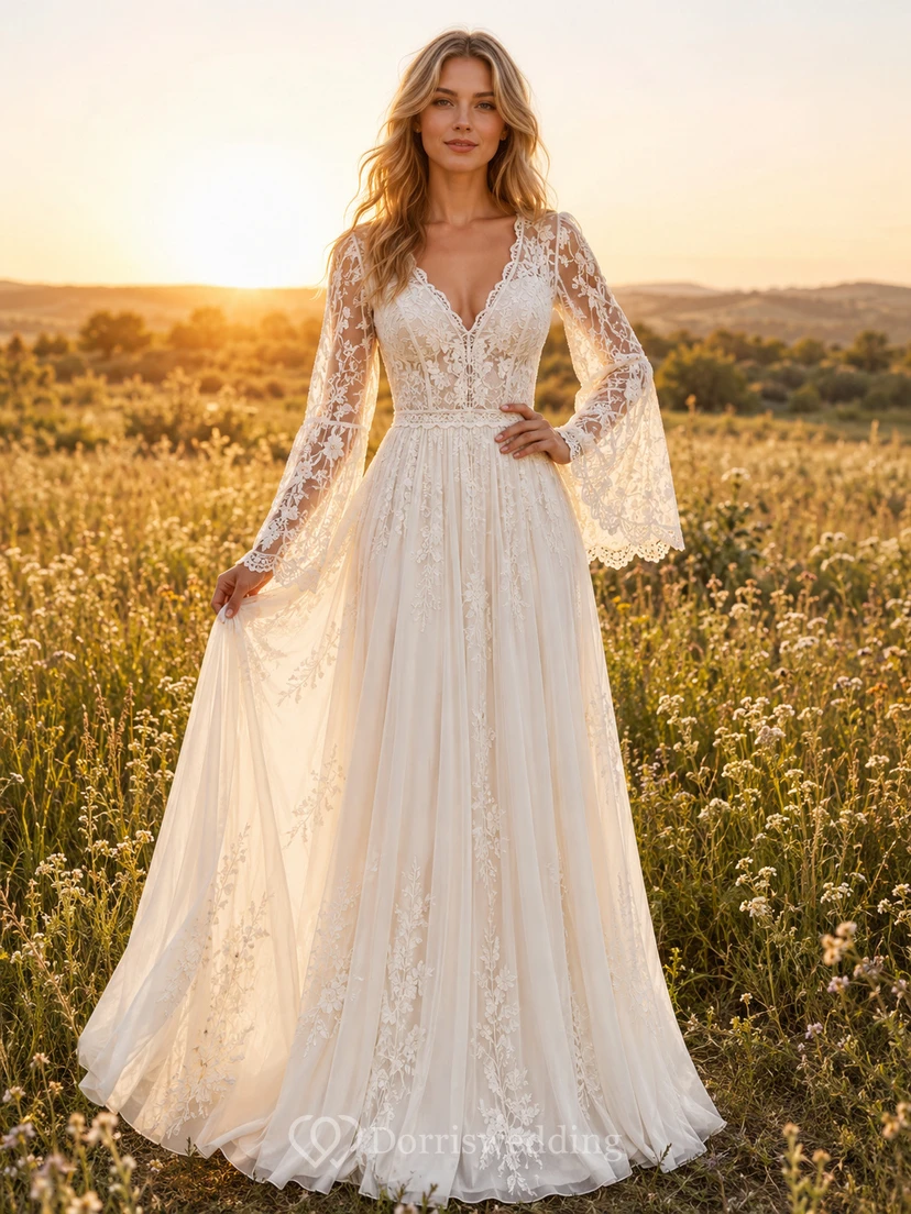 Bohemian Bell Sleeve Lace Prairie Chapel Bridal Gown