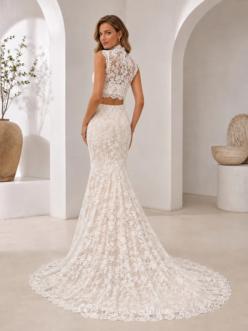 Boho-Hochzeitskleid im Meerjungfrauenstil mit hohem Kragen, Spitze und Schleppe (formell) view 2