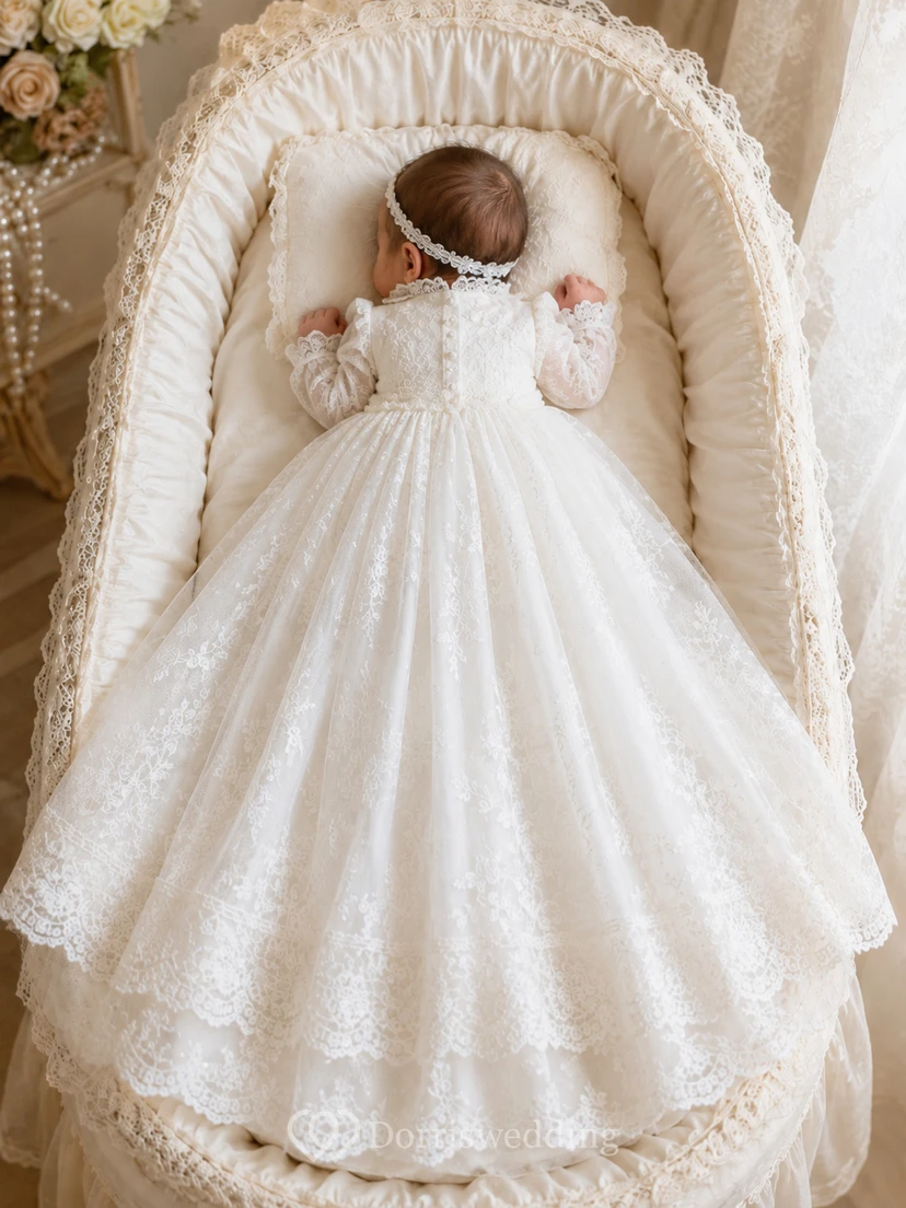 High Neck Christening Gown A-Line Lace Tulle Long Sleeve Full Skirt view 2
