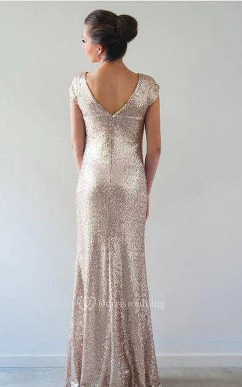 Sequined Cap Sleeve Floor-Length Dress With Low-V Back view 2