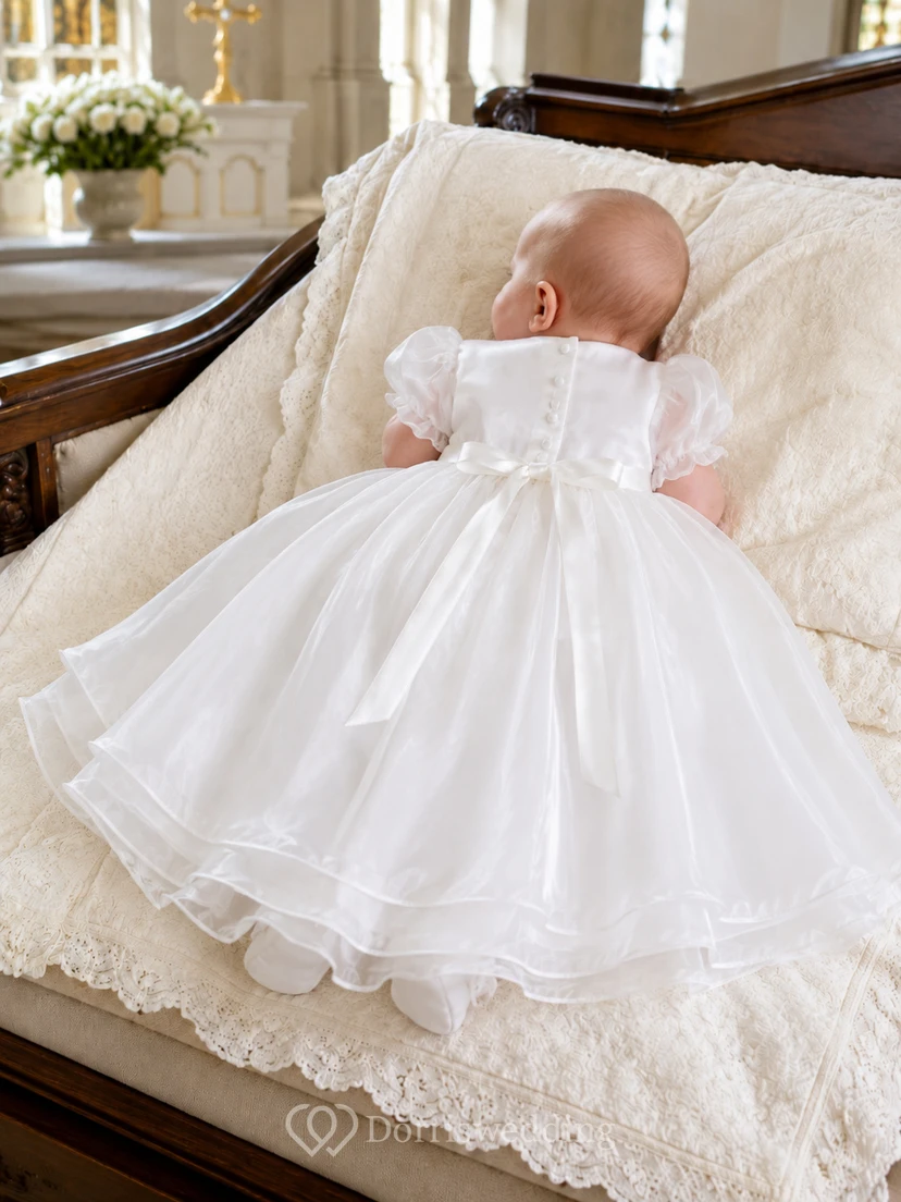 Baptism Dress A-Line Organza Tulle Jewel Neck Short Sleeve Tea-Length view 2