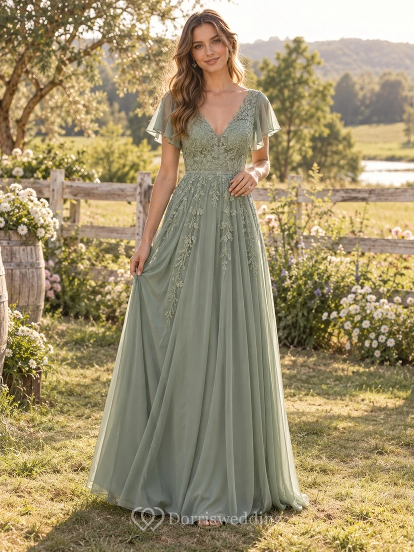 Vestido de dama de honor de gasa floral con escote en V y mangas con volantes, estilo bohemio campestre.