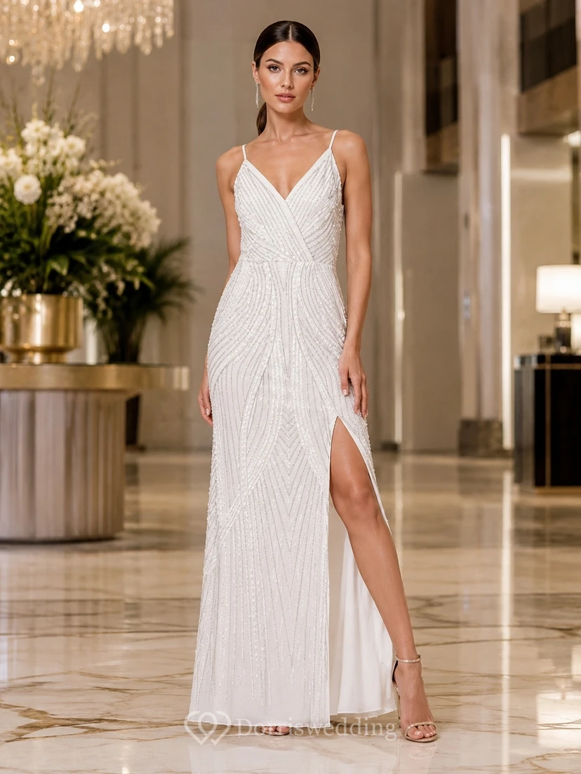 Vestido de noche formal ajustado, blanco, de jersey, con escote en V y abertura.