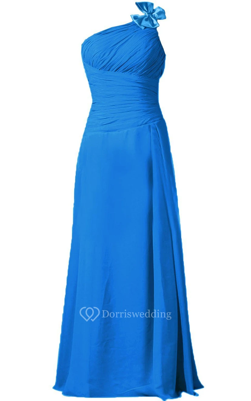 One-shoulder Ruched Chiffon A-line Gown With Bow view 12