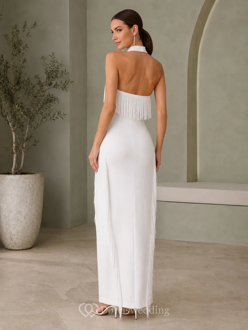 White Jersey Halter Sleeveless Slit Sheath Floor-length Dress view 2