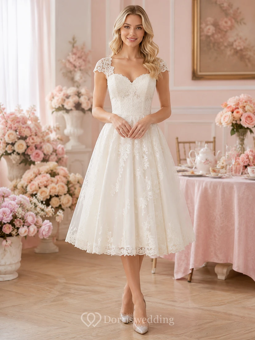 Robe de mariée trapèze en dentelle, coupe A, longueur thé, décolleté cœur et manches courtes, bustier cœur