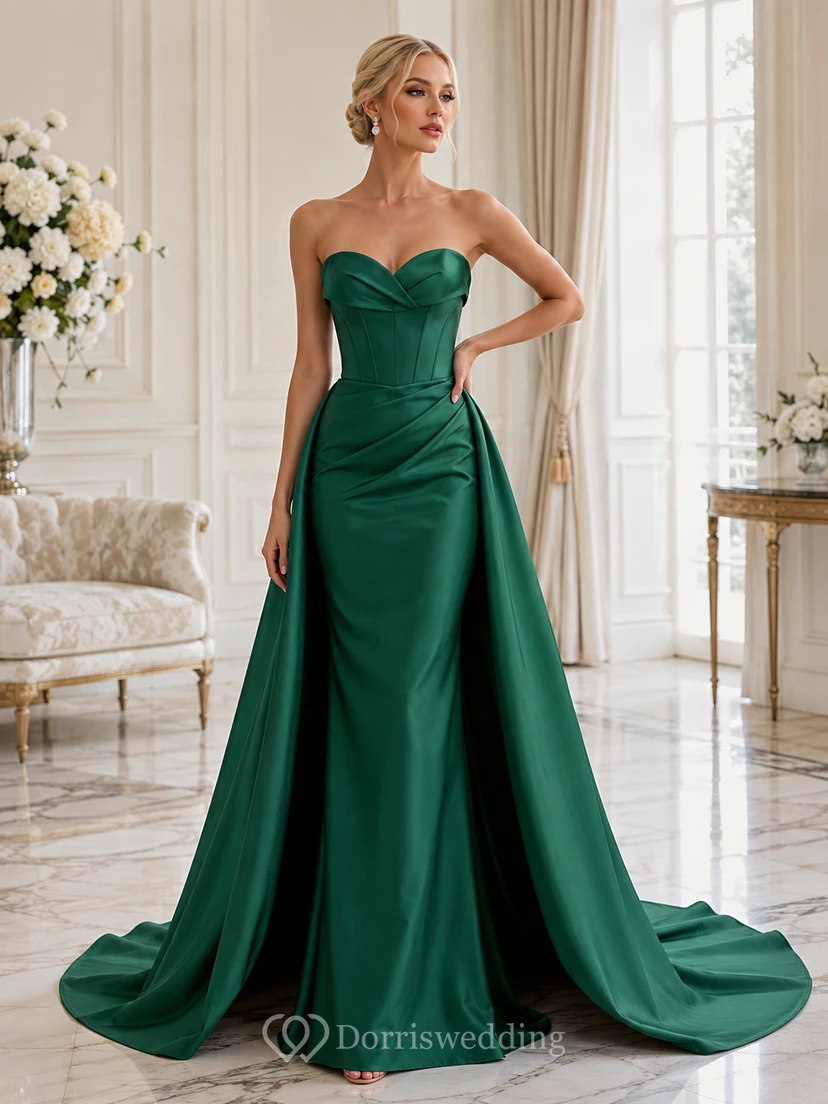 Emerald Green Strapless Sweetheart Draped Satin A-Line Split Front Wedding Gown