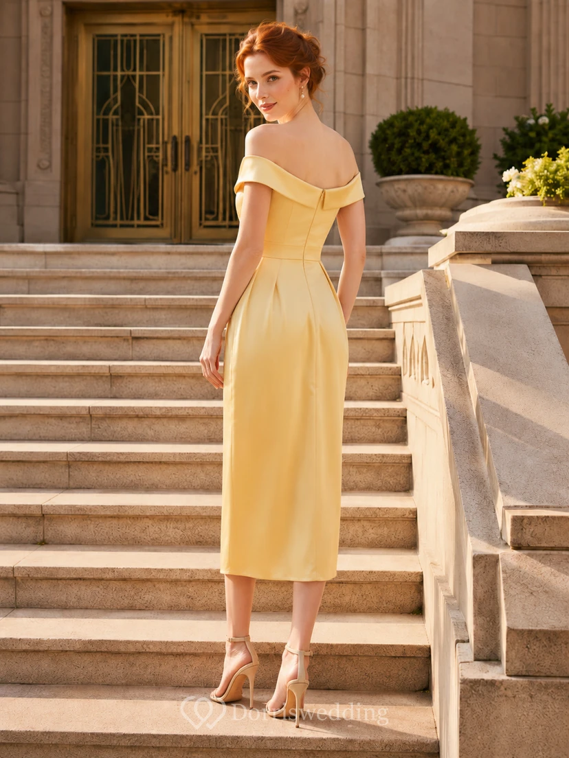 Yellow Off Shoulder Draped Satin Sheath Midi Courthouse Wedding Dress view 2