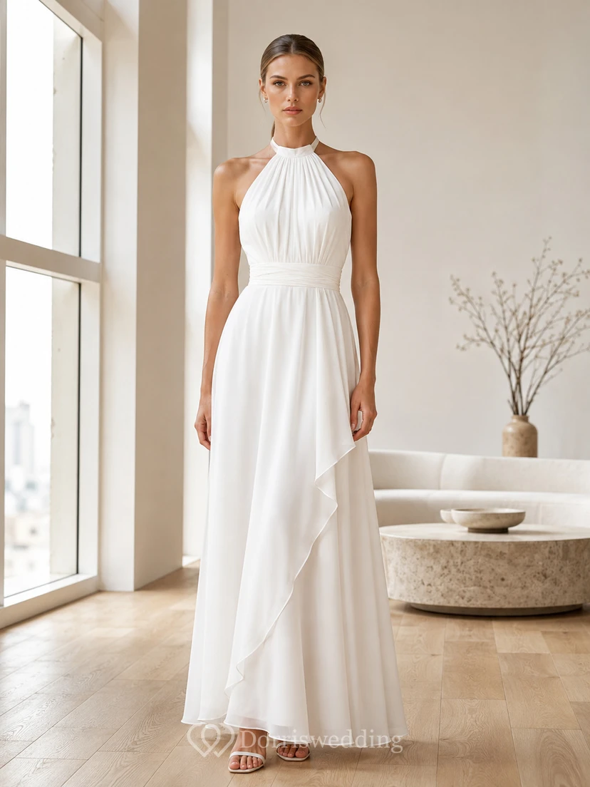 Robe de mariée moderne en mousseline de soie, drapée asymétrique, coupe trapèze, longueur au sol, dos nu, sans manches, robe de mariée longue sans manches à bretelles.