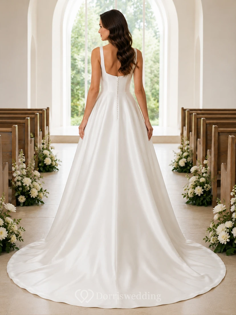 Modern Square Neck Satin A Line Chapel Bridal Gown view 2