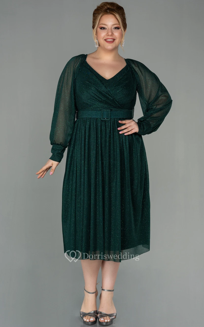 Vestido casual de manga larga, escote en V, corte imperio cruzado, largo hasta la rodilla, talla grande, para la madre de la novia view 9