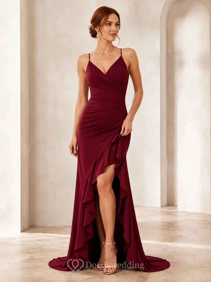 Burgundy Ruched V-Neck Sleeveless Ruffle Train Mermaid Gown