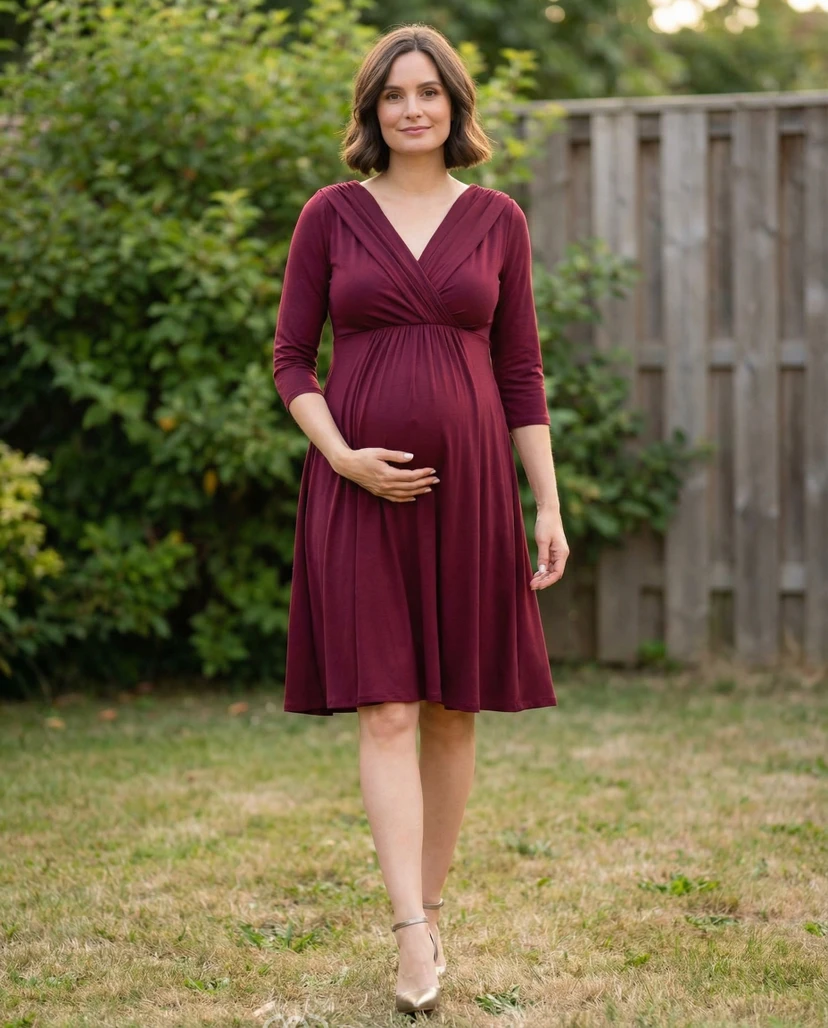 Burgundy Maternity Dress with V-Neck, 3/4 Sleeves & Knee-Length A-Line Skirt