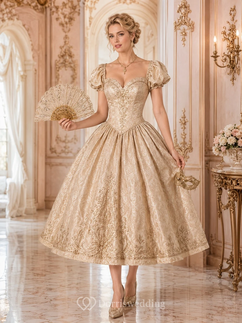 Vintage Champagne Puff Sleeve Tea-Length Ball Gown Embroidered Formal Dress