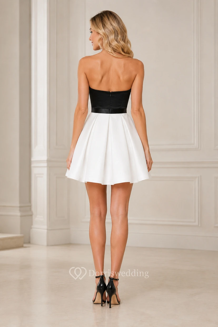 Black and Ivory Strapless Satin A-Line Mini Cocktail Dress with Sweetheart Bodice view 2