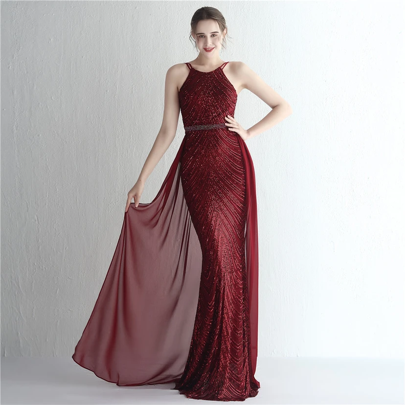 Paillettenbesetzter Chiffonrock mit Blumenmuster, handgefertigt mit Perlen und Neckholder-Ausschnitt, elegant und kühl, perfekt für festliche Anlässe. view 46