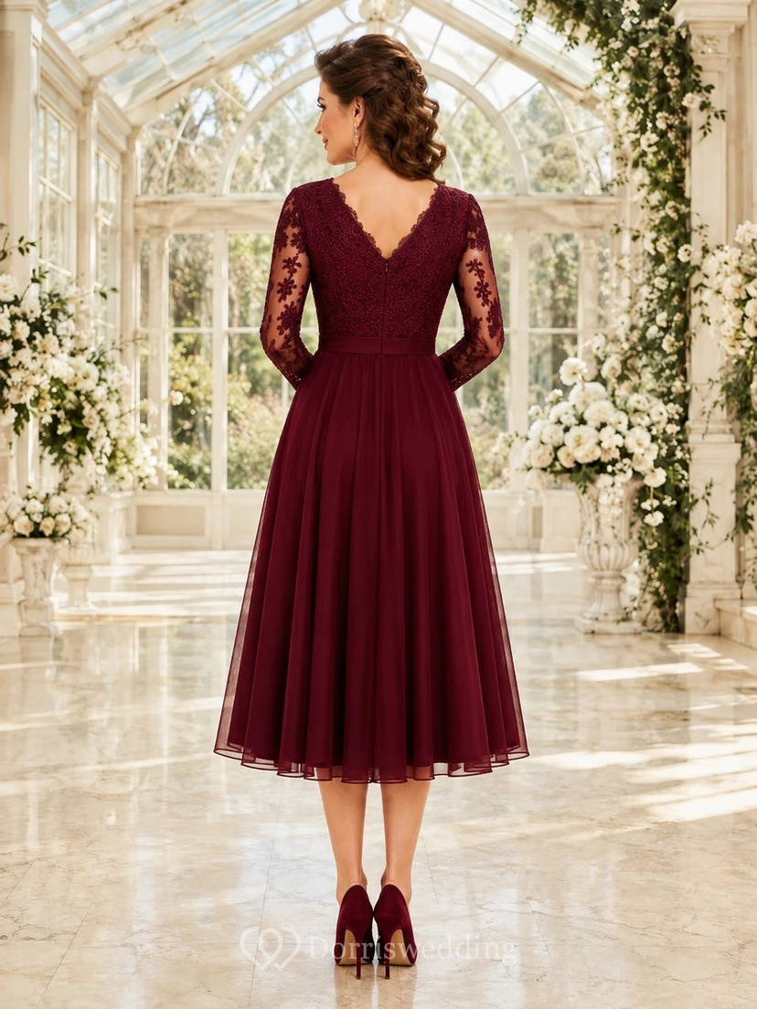 Burgundy Long Sleeve V-Neck Tea-Length Lace A-Line Evening Dress view 2