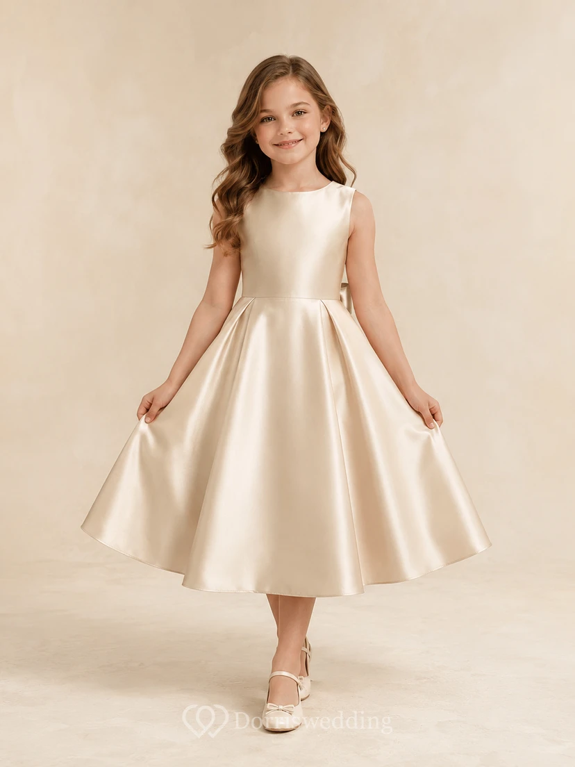 Champagne Satin Sleeveless Tea-Length A-Line Flower Girl Beach Wedding Dress With Bow