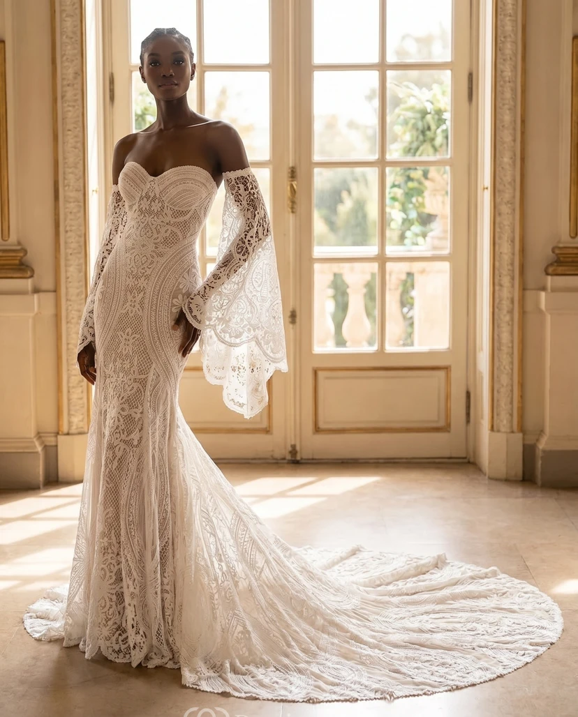 Robe de mariée sirène en dentelle à manches cloche amovibles, épaules dénudées, style bohème view 4