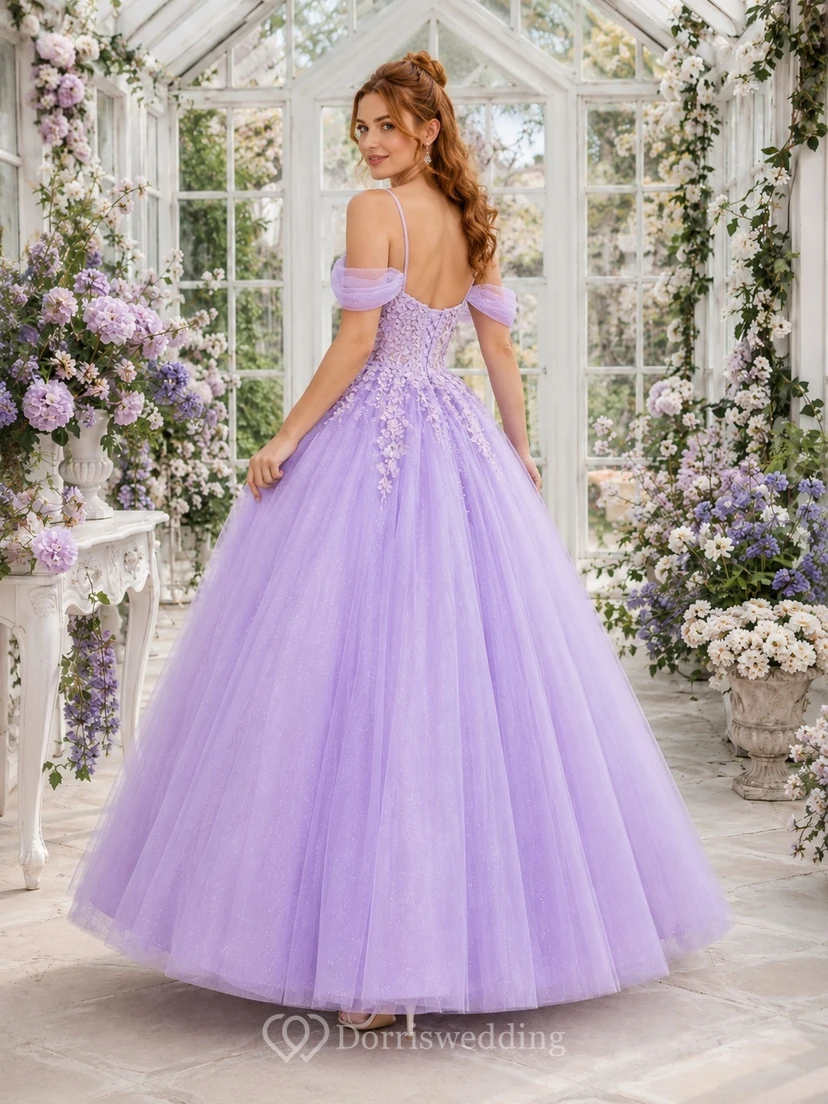 Lavender Lace Tulle Sweetheart Off-the-shoulder Ball Gown Petal Sleeve Floral Princess Dress view 2