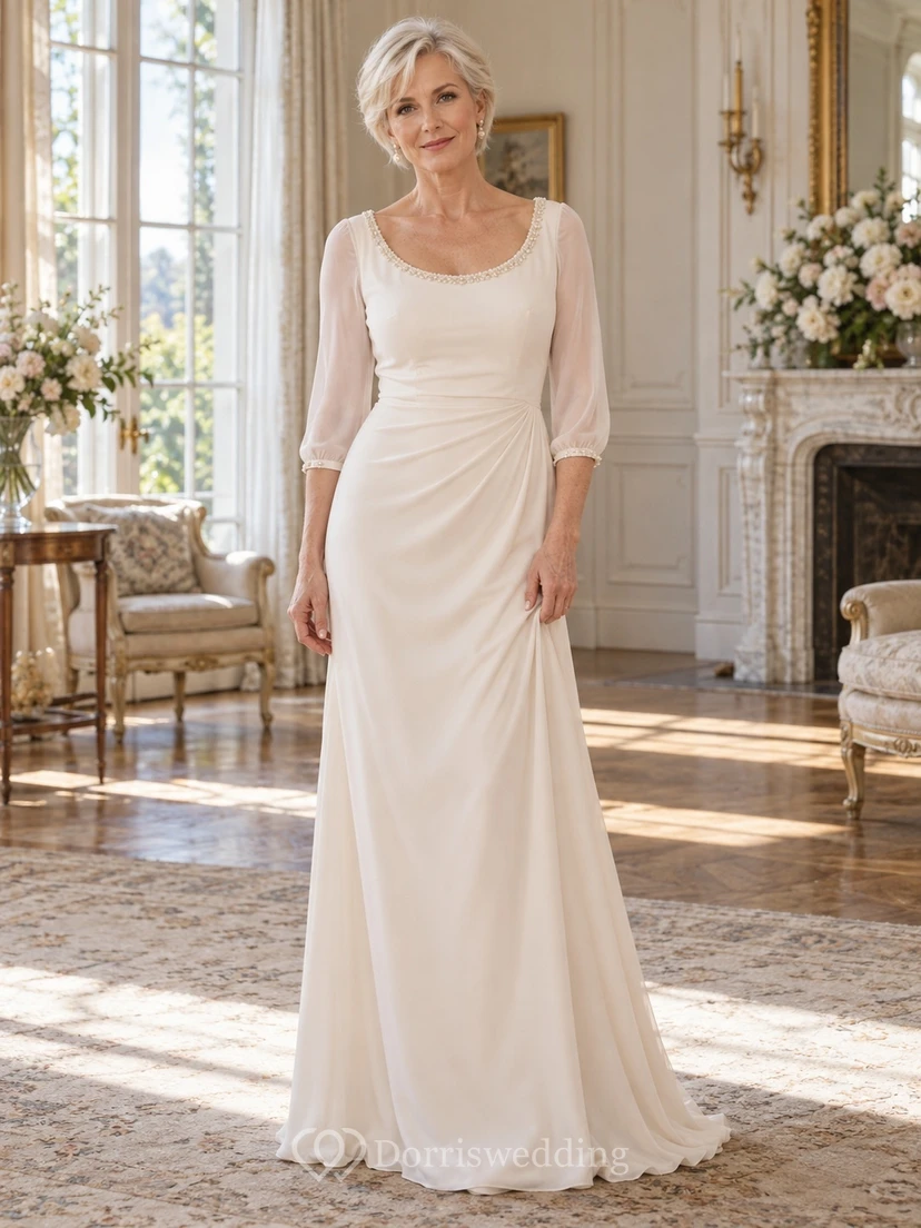 Older Brides Pearl Neckline Three Quarter Sleeve Satin Sheath Floor Length Minimal Second Wedding Dress