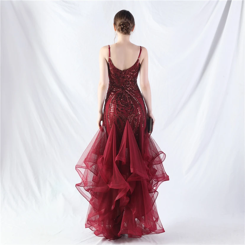 Vestido de actuación para celebración de baile caliente con cuentas de flores y posicionamiento de red rígida. view 24