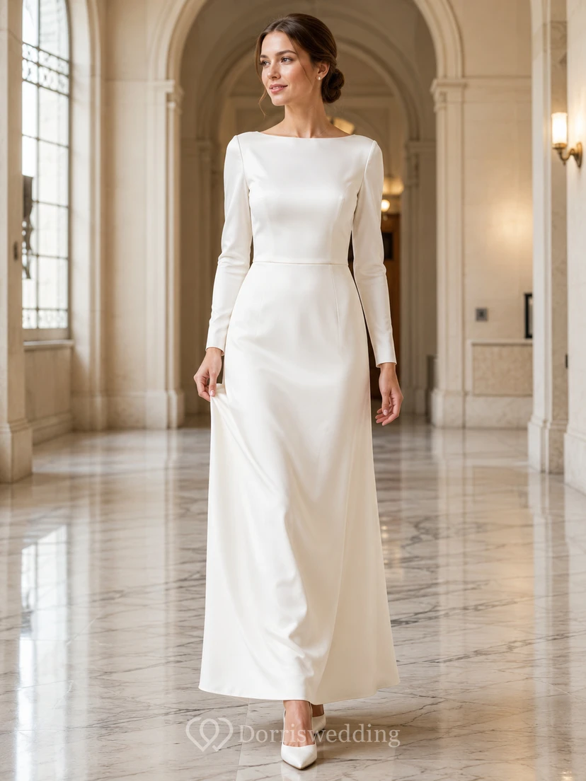 Modest Bateau Neck Satin Wedding Sheath Long Sleeve Floor Length Courthouse