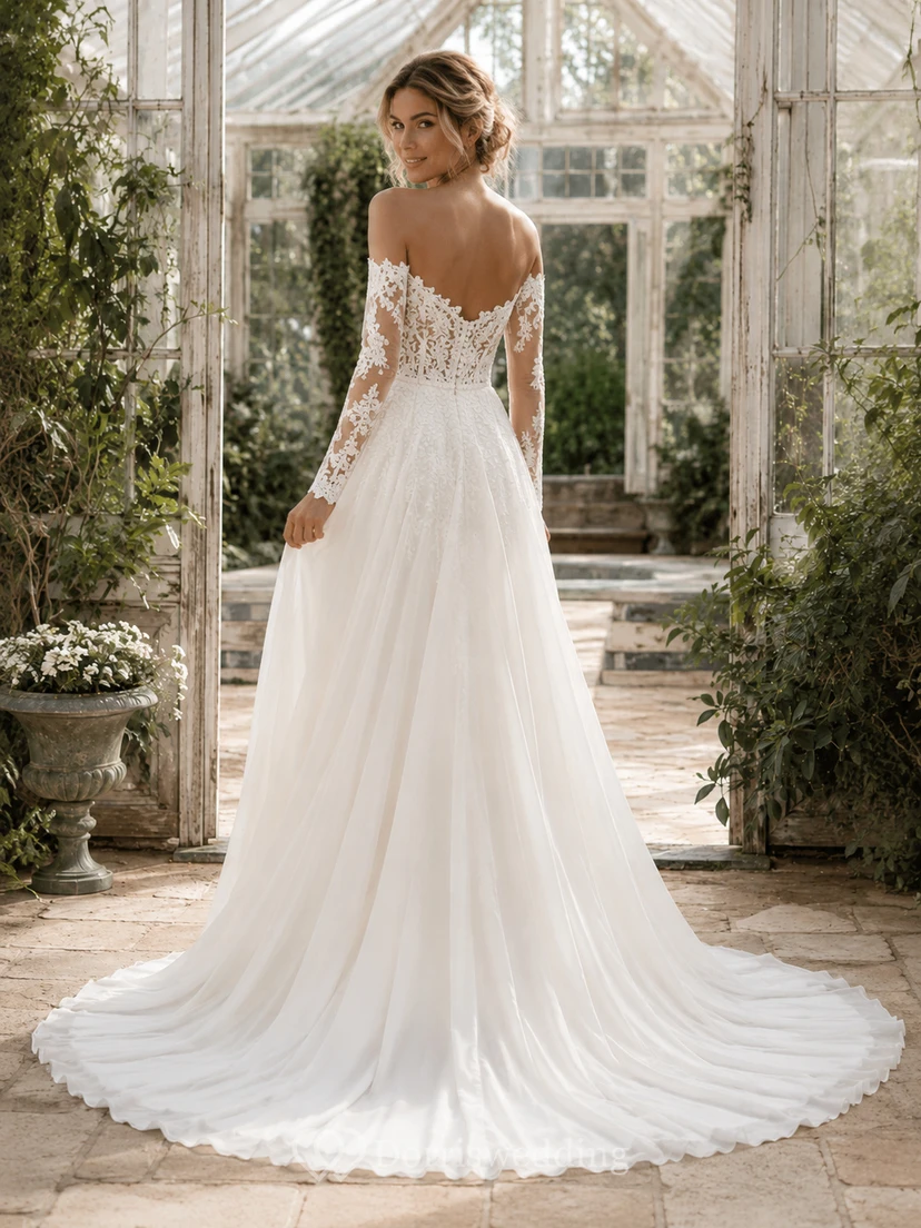 Boho Off Shoulder Long Illusion Lace Sleeve Chiffon A-Line Court Wedding Gown view 2