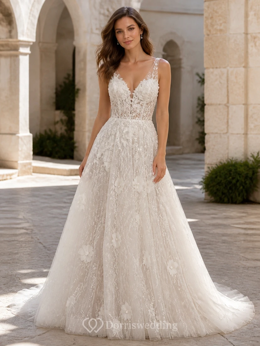 Vestido de novia bohemio de corte A con escote en V pronunciado y encaje floral para capilla