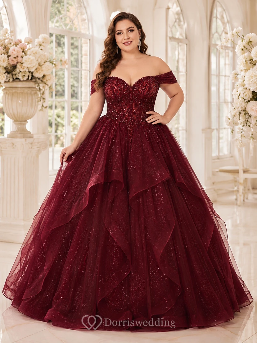 Robe de bal de princesse bordeaux grande taille à épaules dénudées, à volants et paillettes, style quinceañera