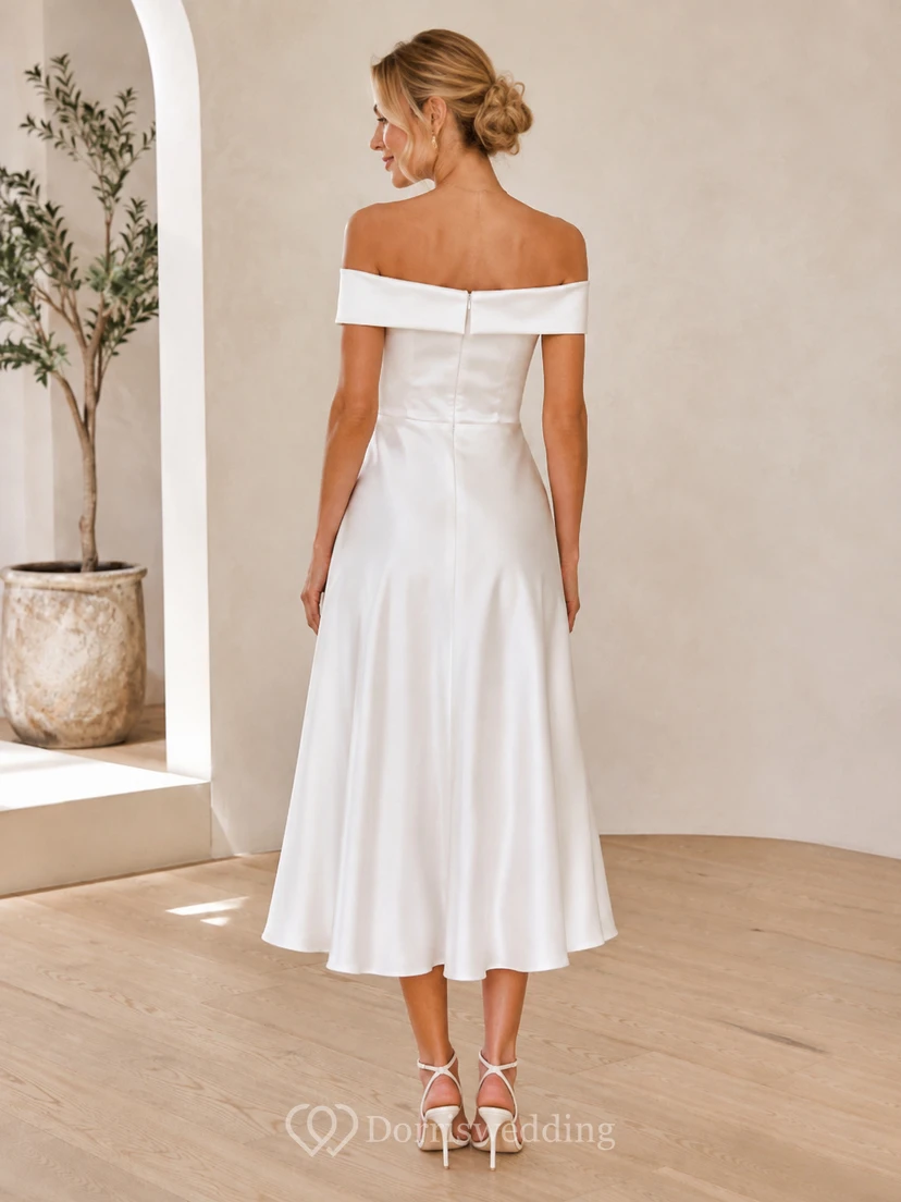 White Off-Shoulder Short-Sleeve Pleated Satin Simple A-Line Tea Cocktail Dress view 2